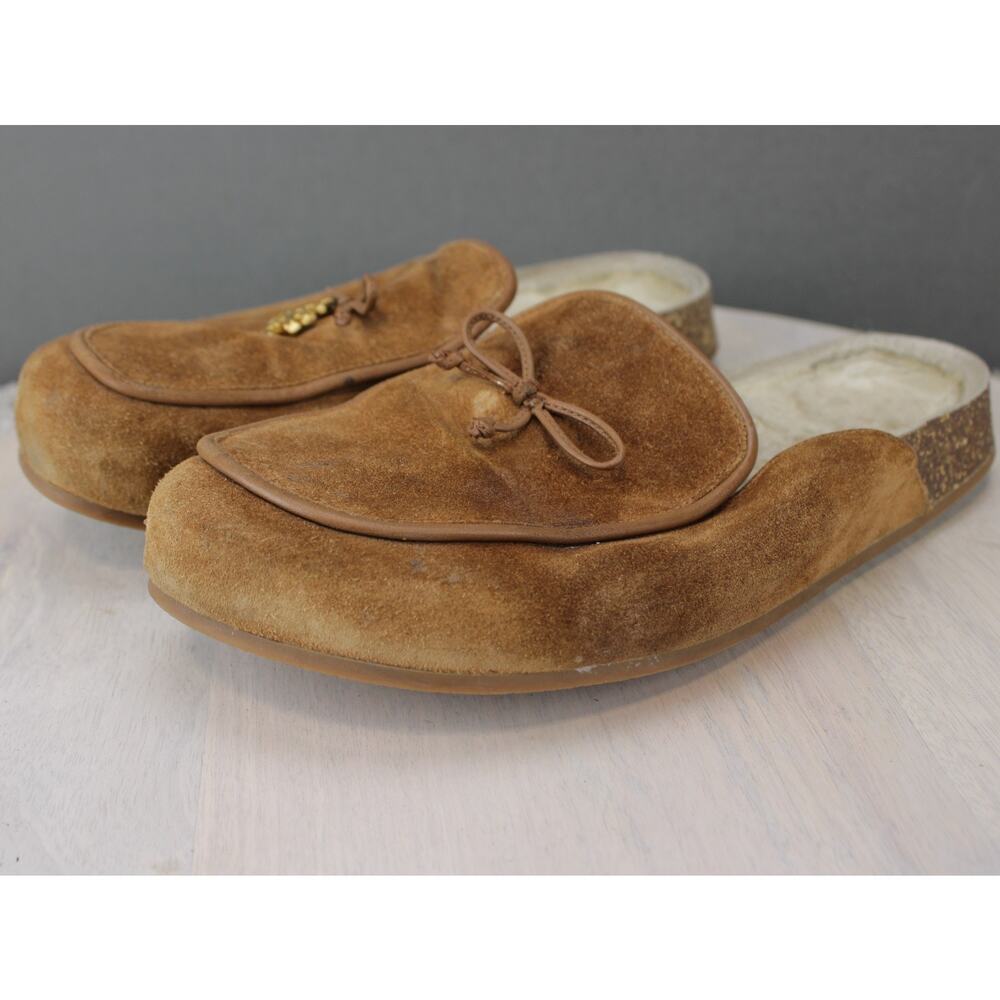 Tory Burch Shearling Lined Suede Slippers Womens 8 Brown Cozy Slip On - Picture 3 of 7